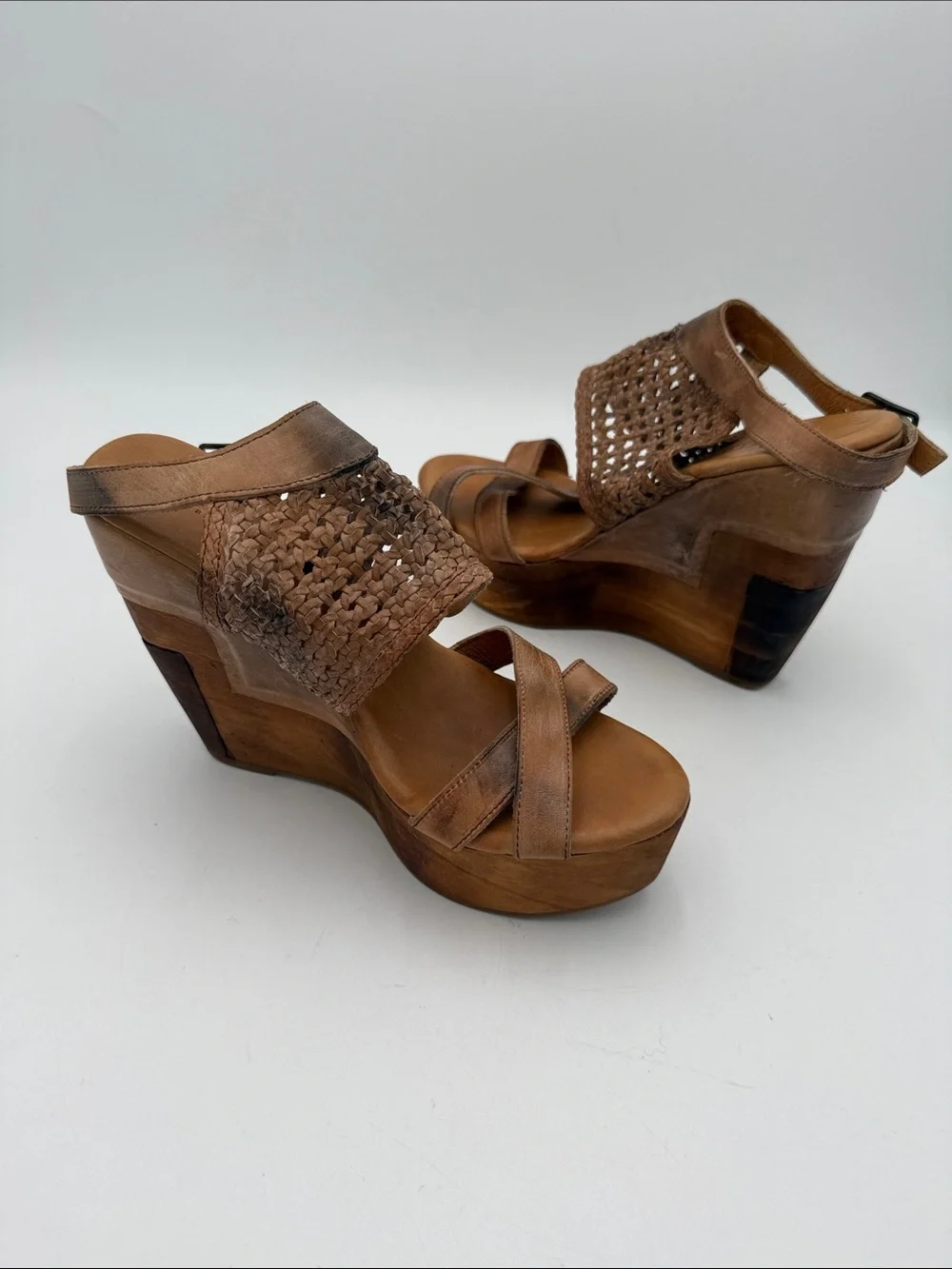 Anthropologie Bed Stu Petra Woven Leather Platform Wedge Sandals 11 Brown  Y2K
